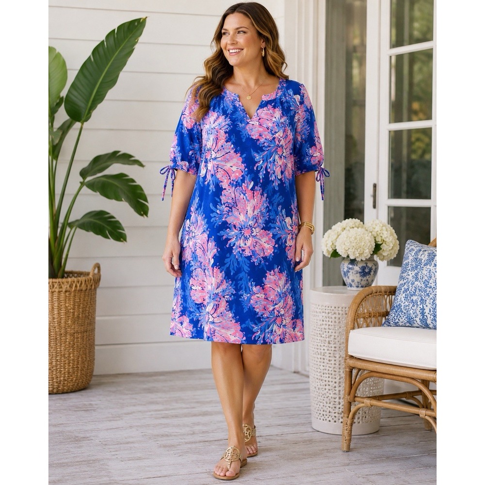 Lilly Pulitzer Easley T-Shirt Dress XXL Bahamian Rhapsody Cotton Blue Pink